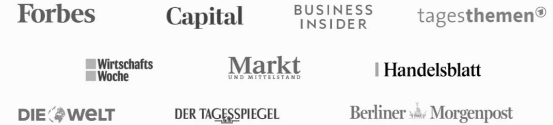 Press logos: Forbes, Capital, Business Insider, tagesthemen, Handelsblatt, Die Welt, Der Tagesspiegel, WirtschaftsWoche and others